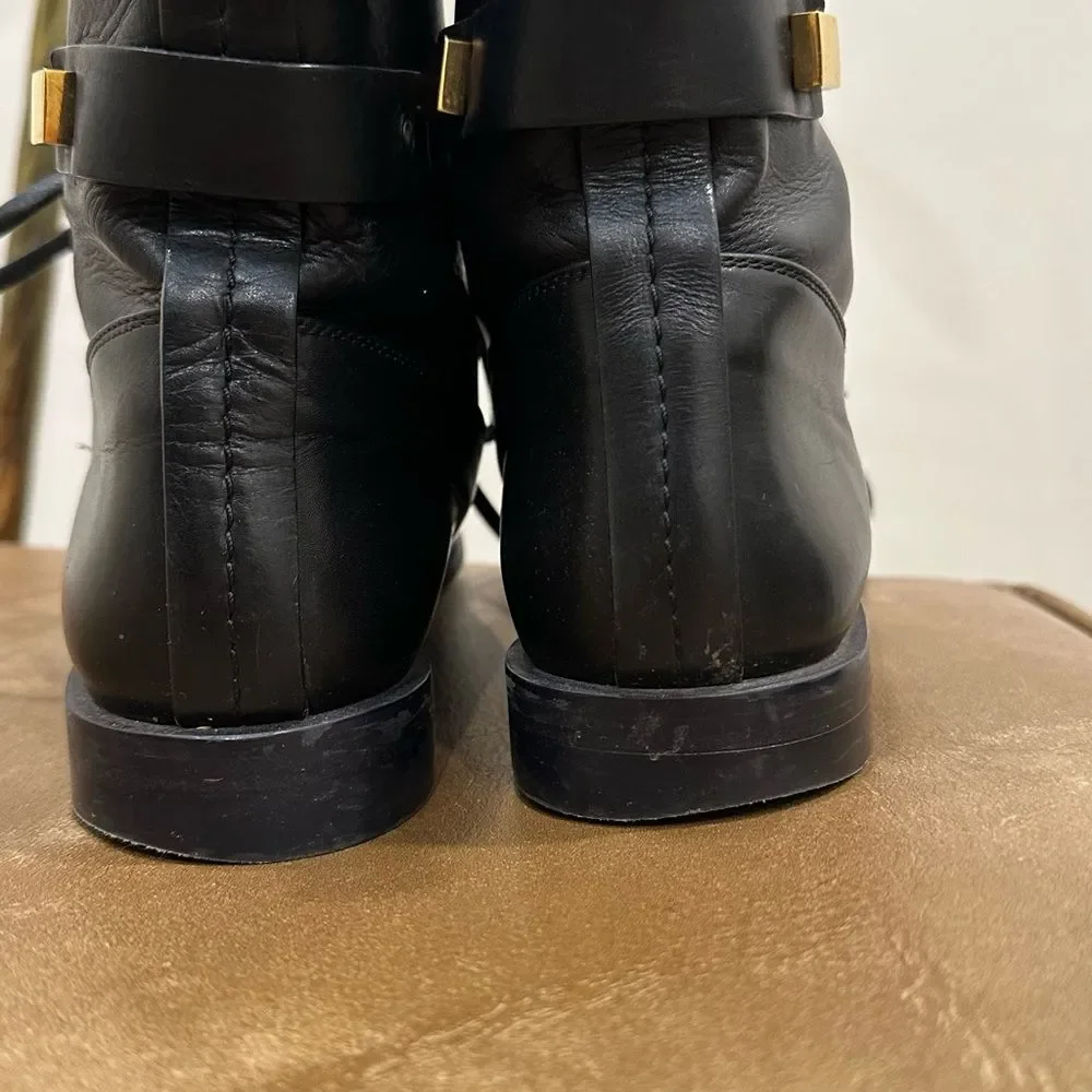 Stuart Weitzman Womens Black Leather Ryder Boots Gold Rockstud Lace Up Sz 8W - Picture 4 of 6